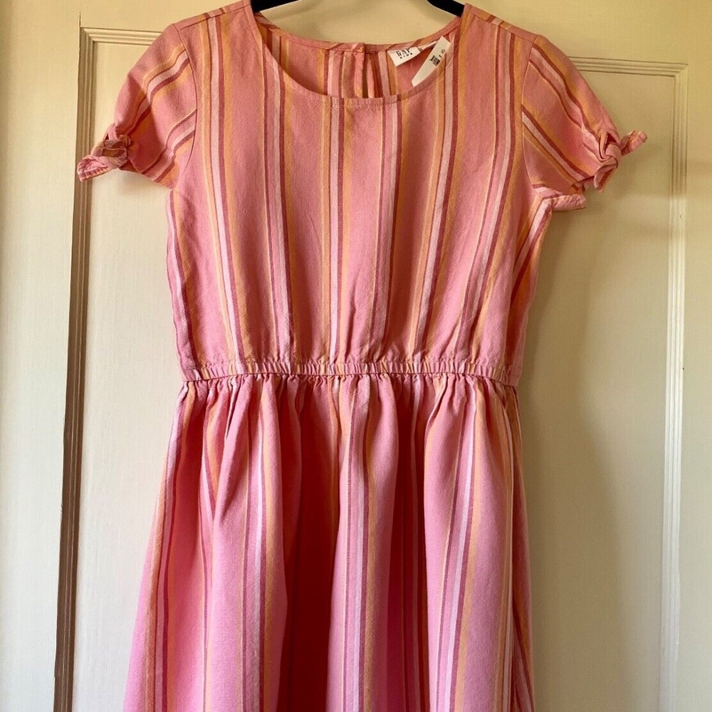 Gap Kids Girls XL (12) Colorful Striped Bow Sleeve Dress Linen Rayon Blend NWT